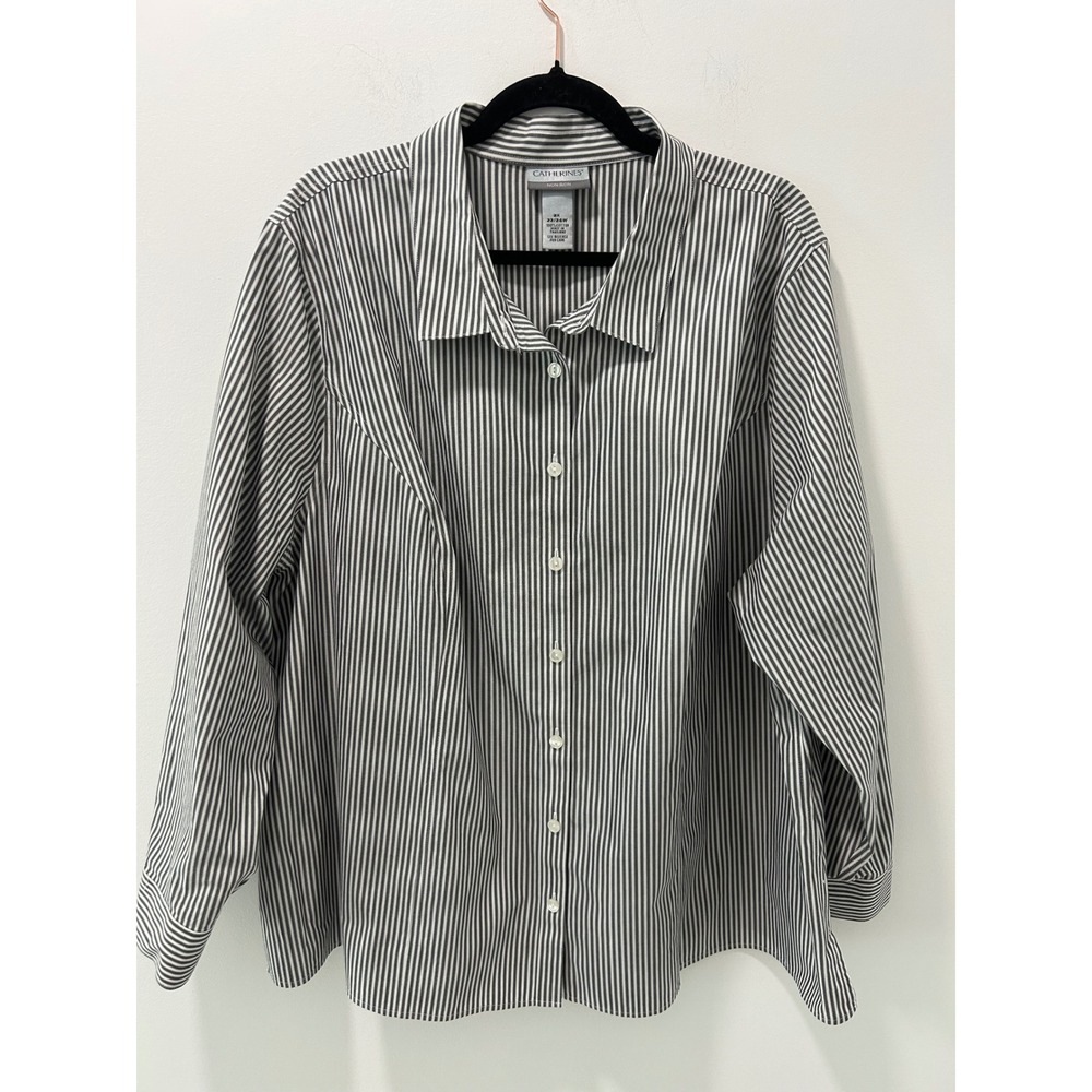 Catherines Non-Iron Cotton Button Down Shirt Black White Stripe Plus 2X 22/24W